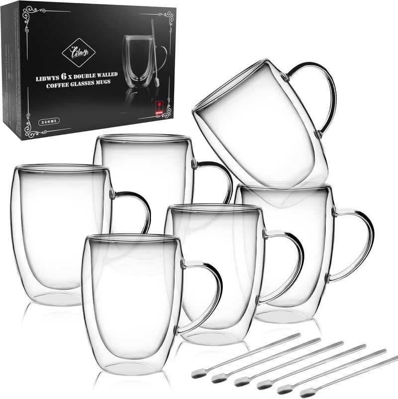 LIBWYS 6 Pack Double Walled Coffee Cups Glasses Mugs, 12oz Espresso Cappuccino Latte Tea Cups with Handle, Heat Resistant Borosilicate Clear Glasses 350ml - Image 1