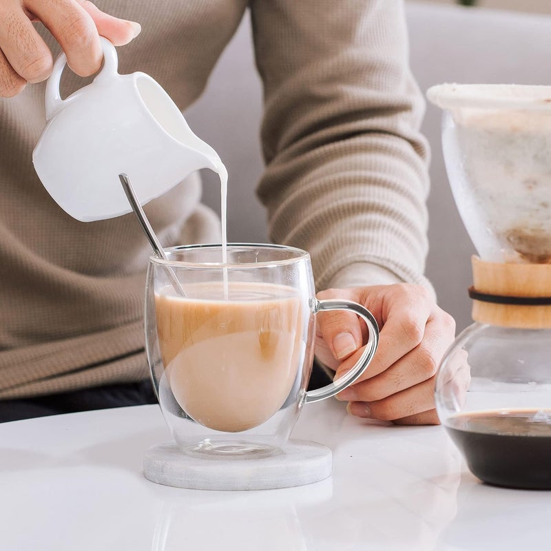 LIBWYS 6 Pack Double Walled Coffee Cups Glasses Mugs, 12oz Espresso Cappuccino Latte Tea Cups with Handle, Heat Resistant Borosilicate Clear Glasses 350ml - Image 3