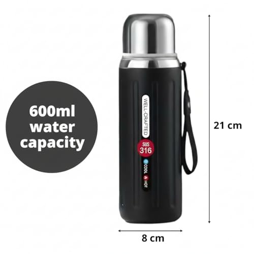 SOLDTRUE Premium Stainless Steel Insulated 600ml. Water Bottle | Double Wall Vacuum Flask with Anti-Slip Base & Food Grade Lid | Hot & Cold Leak-Proof Travel Bottle (Black) - Image 4