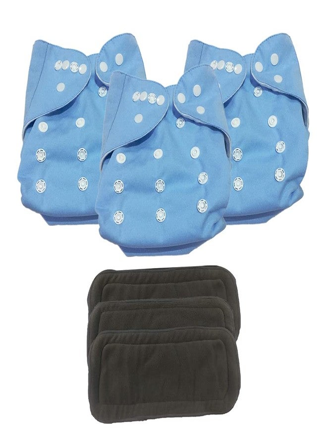 Crawl'in Combo of Reusable Baby Washable Cloth Diaper Nappies with 5 Layered Baby Insert Pads (Set of 3) (Blue) (Assorted Colours)