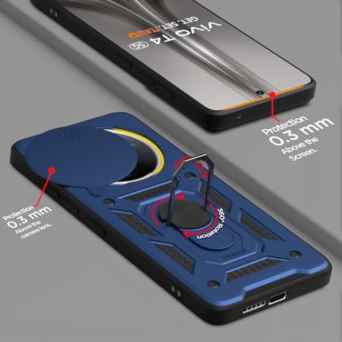Pikkme Back Cover for Vivo T4 5G / iQoo Z10 5G | 360 Protection Case | Sliding Camera Shield Cover & Ring Holder Stand D10 Tough Armor Bumper Case (Blue) - Image 4