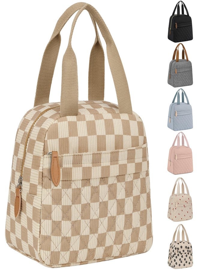 ELONGRIVER Insulated Lunch Bag for Women, Portable Lightweight Lunch Box for Adults, Reusable Small Lunch Tote Cooler Bags with Front Zipper Pocket for Work School Picnic(Corduroy Khaki Checkered) - Image 1