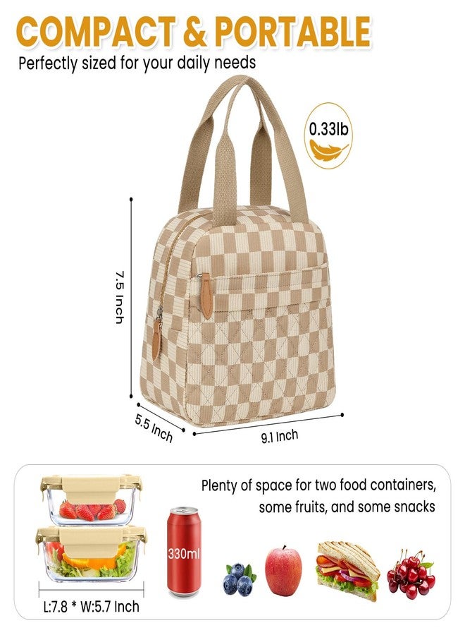 ELONGRIVER Insulated Lunch Bag for Women, Portable Lightweight Lunch Box for Adults, Reusable Small Lunch Tote Cooler Bags with Front Zipper Pocket for Work School Picnic(Corduroy Khaki Checkered) - Image 2
