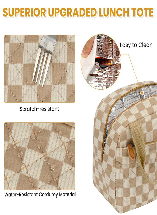 ELONGRIVER Insulated Lunch Bag for Women, Portable Lightweight Lunch Box for Adults, Reusable Small Lunch Tote Cooler Bags with Front Zipper Pocket for Work School Picnic(Corduroy Khaki Checkered) - Image 5