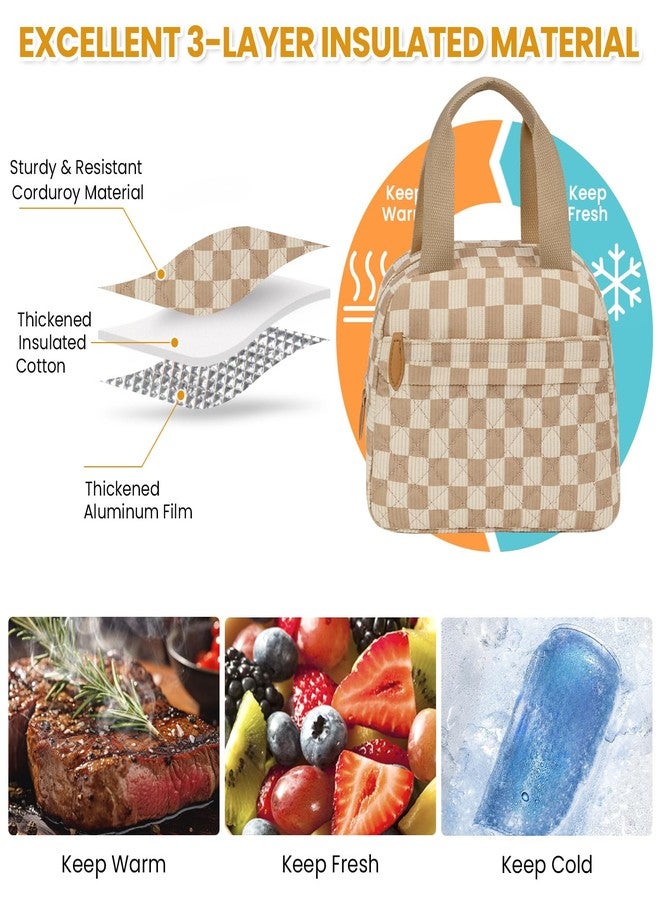 ELONGRIVER Insulated Lunch Bag for Women, Portable Lightweight Lunch Box for Adults, Reusable Small Lunch Tote Cooler Bags with Front Zipper Pocket for Work School Picnic(Corduroy Khaki Checkered) - Image 3