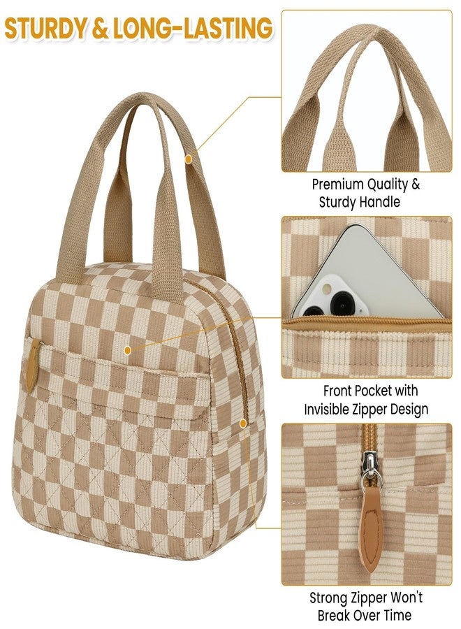 ELONGRIVER Insulated Lunch Bag for Women, Portable Lightweight Lunch Box for Adults, Reusable Small Lunch Tote Cooler Bags with Front Zipper Pocket for Work School Picnic(Corduroy Khaki Checkered) - Image 4