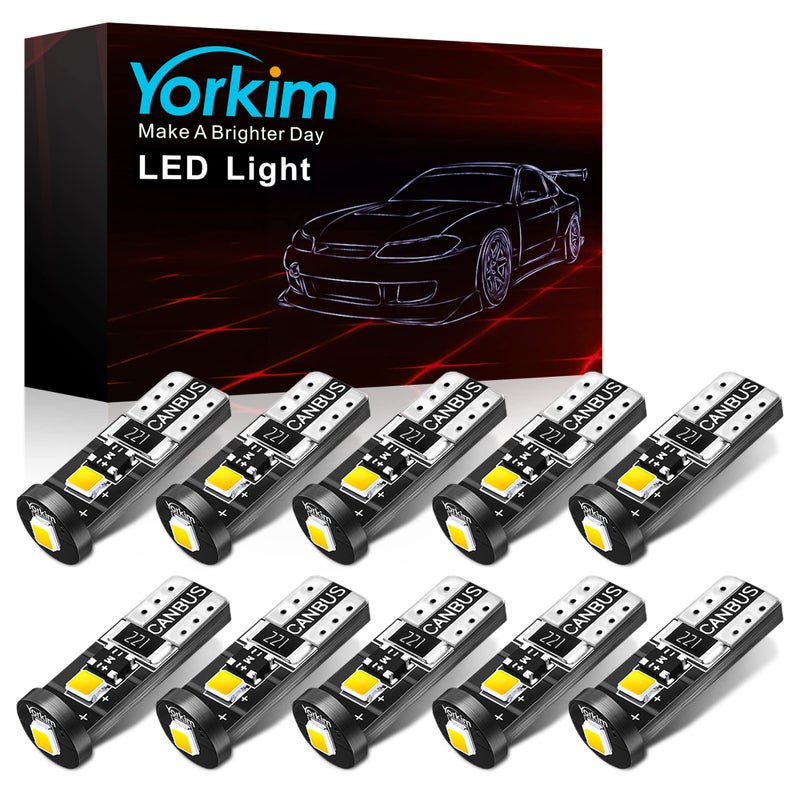 Yorkim 194 Led Bulb Canbus White Error Free 3SMD 2835 Chipsets T10 Interior Led For Car Dome Map Door Courtesy License Plate Trunk lights with 194 168 W5W 2825 Sockets Pack of 10