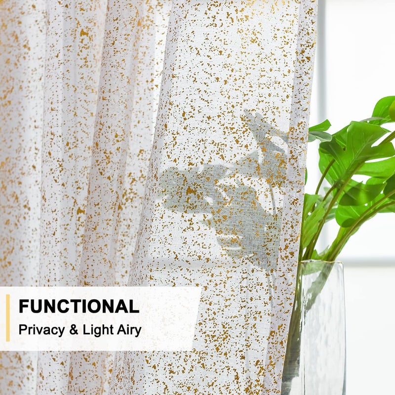 TERLYTEX TERLYTEX Gold White Sheer Curtains 90 Inches Long  Metallic Gold Foil Spray Spots Shimmer Sheer Curtains for Living Room  Grommet Privacy Gold Sheer Curtains  52 x 90 Inch  2 Panels  Gold White - Image 4