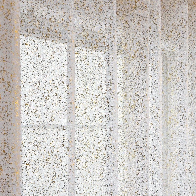 TERLYTEX TERLYTEX Gold White Sheer Curtains 90 Inches Long  Metallic Gold Foil Spray Spots Shimmer Sheer Curtains for Living Room  Grommet Privacy Gold Sheer Curtains  52 x 90 Inch  2 Panels  Gold White - Image 5
