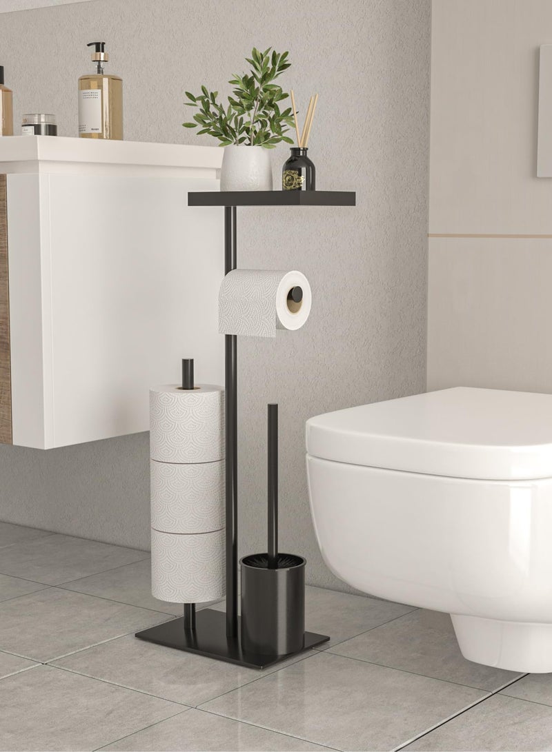 Premium 3-in-1 Freestanding Toilet Paper Holder with Brush & Shelf – Rustproof Stainless Steel Toilet Roll Stand with Phone Tray, Spare Roll Storage & No-Drill Base – Modern Black Bathroom Organizer  - Image 1