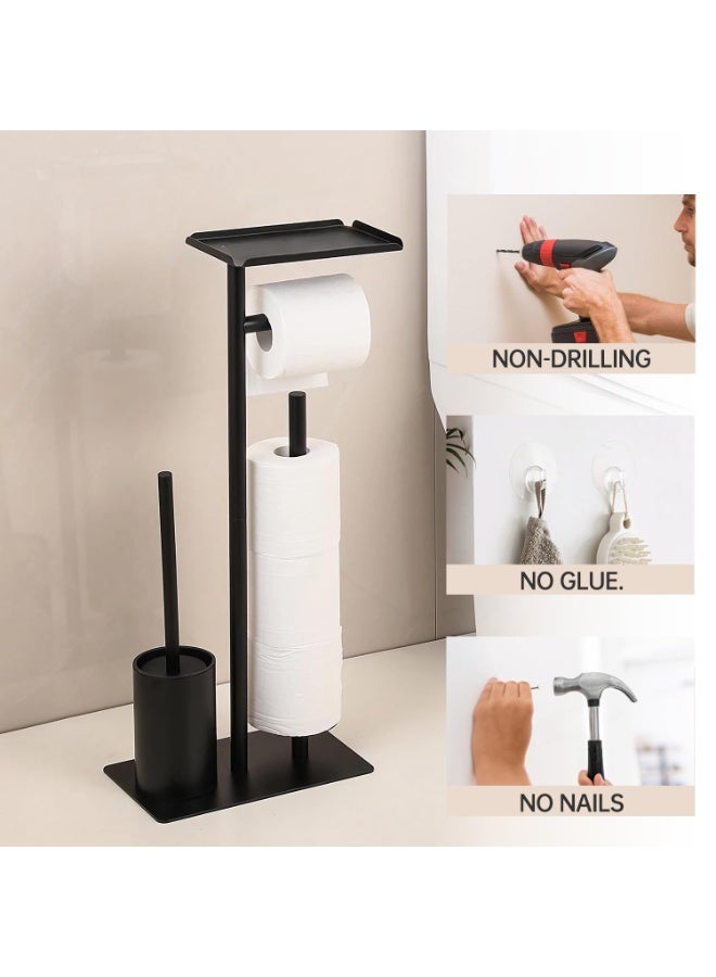 Premium 3-in-1 Freestanding Toilet Paper Holder with Brush & Shelf – Rustproof Stainless Steel Toilet Roll Stand with Phone Tray, Spare Roll Storage & No-Drill Base – Modern Black Bathroom Organizer  - Image 4