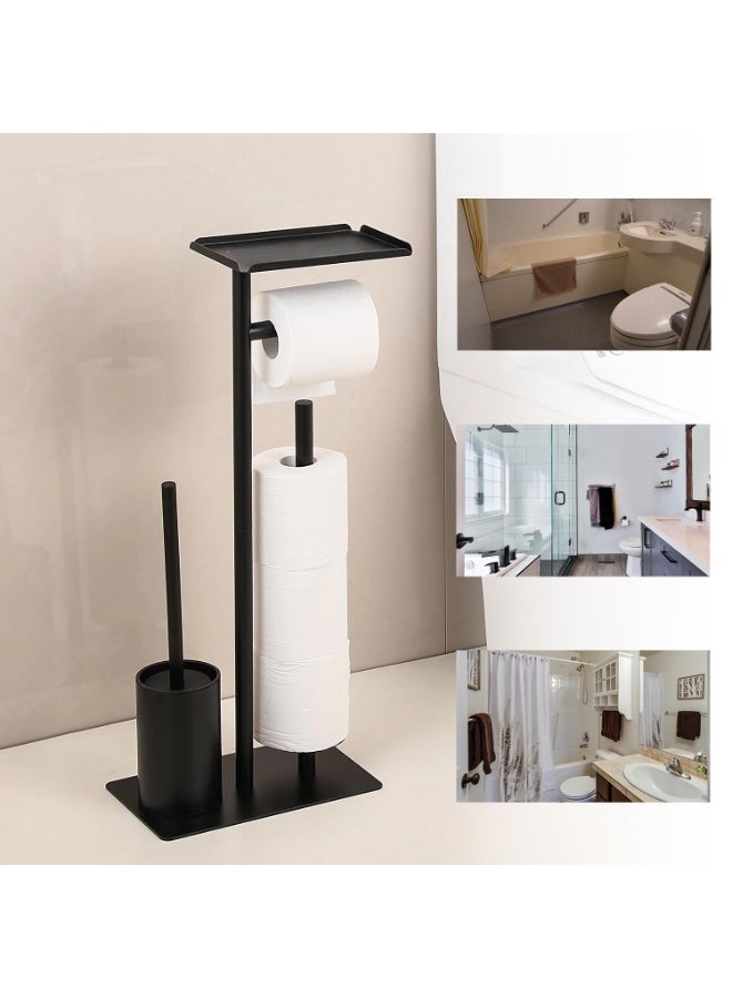 Premium 3-in-1 Freestanding Toilet Paper Holder with Brush & Shelf – Rustproof Stainless Steel Toilet Roll Stand with Phone Tray, Spare Roll Storage & No-Drill Base – Modern Black Bathroom Organizer  - Image 3