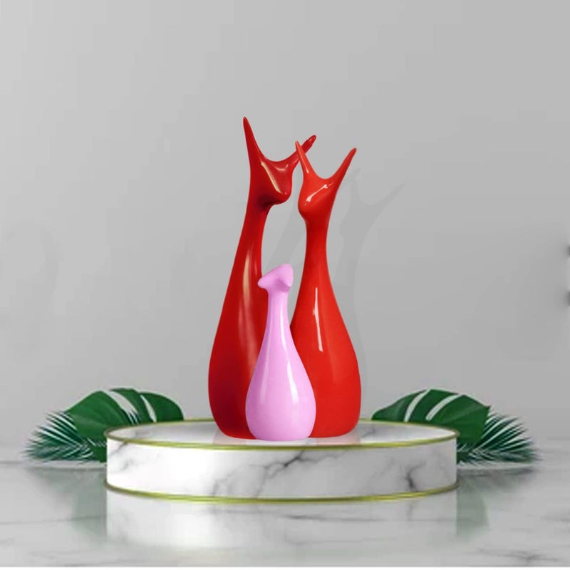 Xtore Home Decor Lucky Deer Statue Family Ceramic Figures - (Set of 3, Maroon, Red and Pink) - Image 1