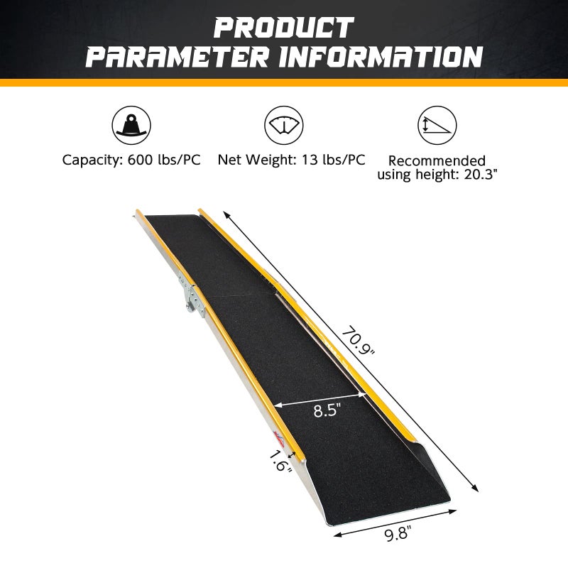 Ruedamann 71" Aluminum Loading Ramps for Pickup Trucks Trailers, Folding Motorcycle Ramp, 600Lbs Capacity, Snowmobile Ramp, ATV Truck Ramps for Dirt Bike, Tractor, Tailgate Bed, Usable Width 8.5", 1PC - Image 3