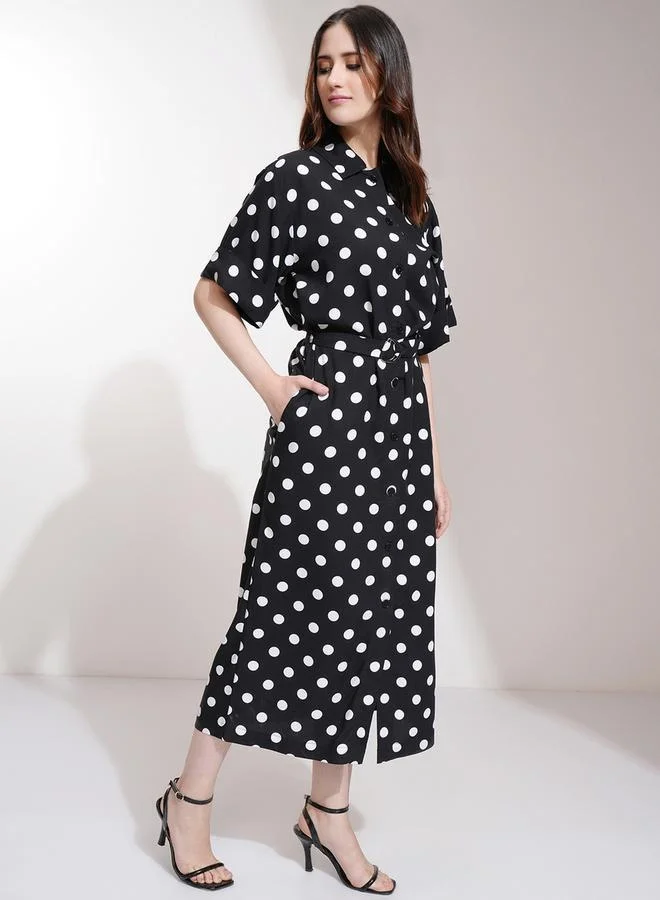 Tokyo Talkies Polka Dot Printed Button Down Shirt Midi Dress by Styli
