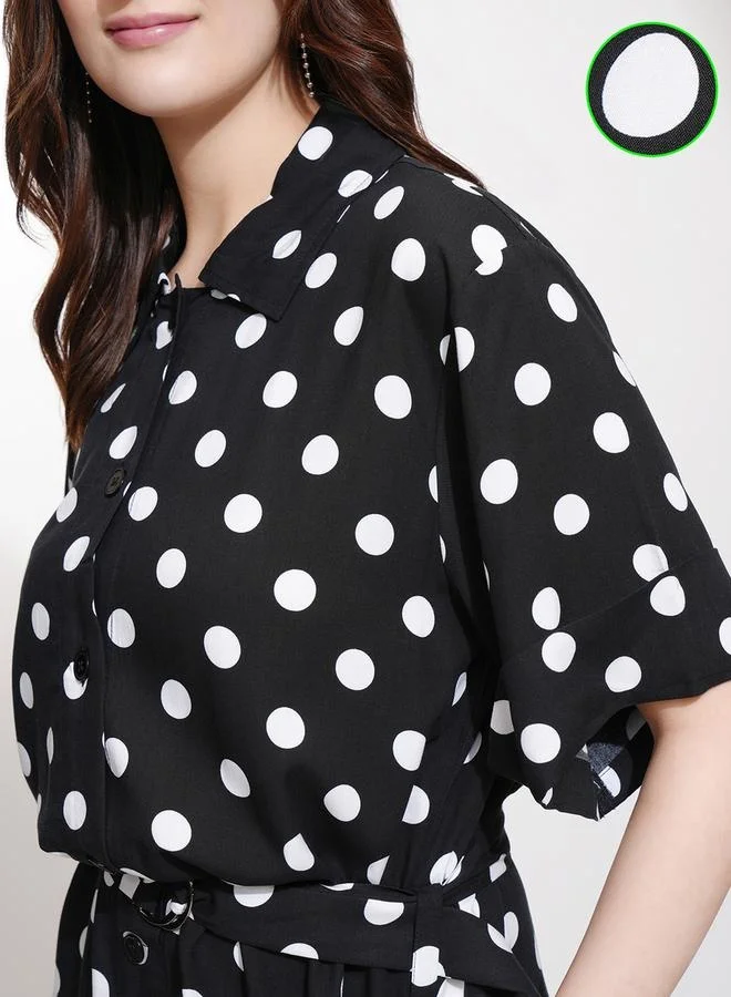 Tokyo Talkies Polka Dot Printed Button Down Shirt Midi Dress by Styli