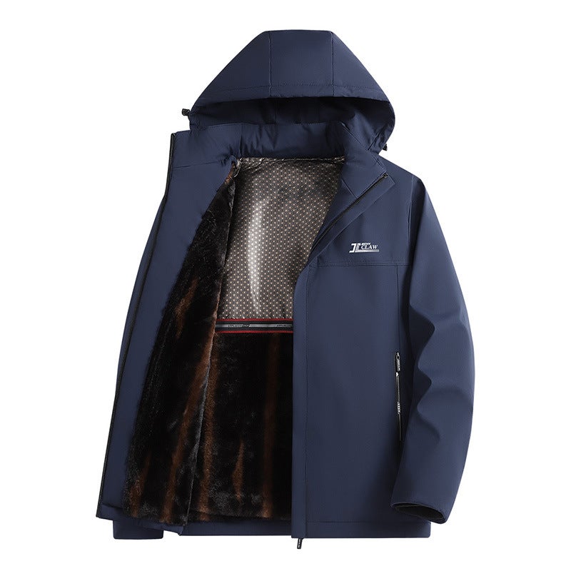 New Arrival Mens Thickened Cotton Coat Fleece-Lined Outdoor Jacket Autumn/Winter Stylish Casual Hooded Top For Dad Dark blue  - Image 1