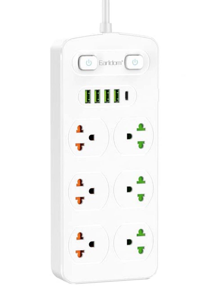 أيرلدوم مقبس طاقة 11 في 1، سلك تمديد بطول 2 متر مع قابس متعدد الوظائف في المملكة المتحدة، مقبس ثلاثي السنون مع 6 عصابة، 4 منافذ USB، منفذ واحد من النوع C، شريط توصيل كهربائي بطول 2 متر للمنزل والمطبخ والمكتب - Image 1