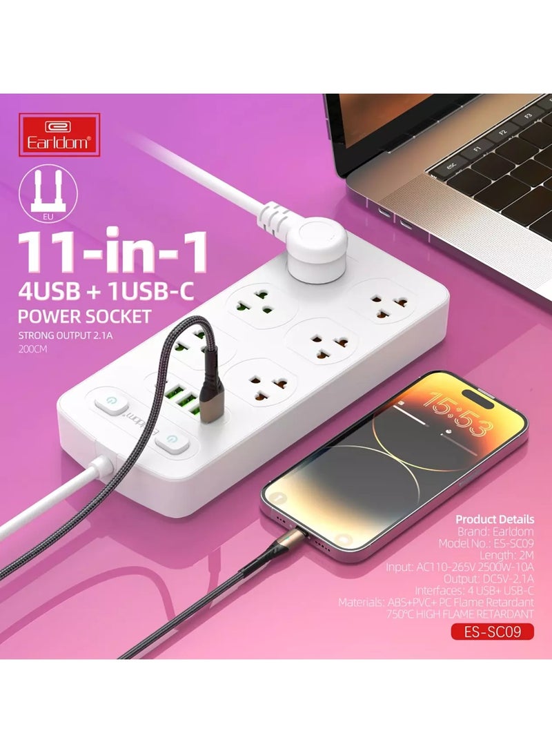 أيرلدوم مقبس طاقة 11 في 1، سلك تمديد بطول 2 متر مع قابس متعدد الوظائف في المملكة المتحدة، مقبس ثلاثي السنون مع 6 عصابة، 4 منافذ USB، منفذ واحد من النوع C، شريط توصيل كهربائي بطول 2 متر للمنزل والمطبخ والمكتب - Image 2