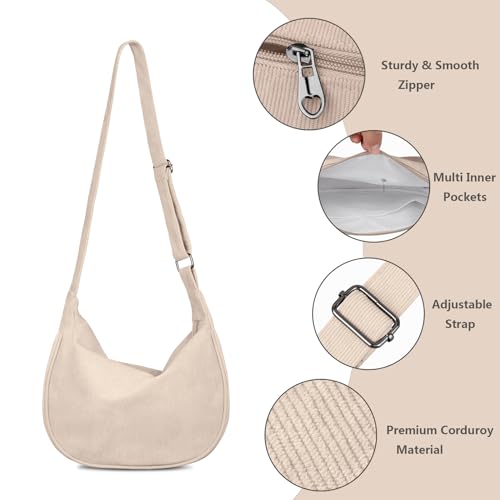 FITDON Corduroy Crescent Crossbody Bag for Women Men, Small Sling Hobos Crossbody Bag Dumpling Bag Crescent Purse with Adjustable Strap, Beige - Image 3
