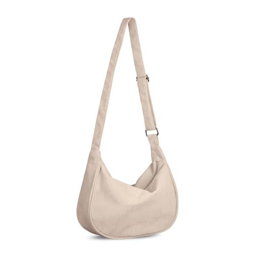 FITDON Corduroy Crescent Crossbody Bag for Women Men, Small Sling Hobos Crossbody Bag Dumpling Bag Crescent Purse with Adjustable Strap, Beige - Image 1
