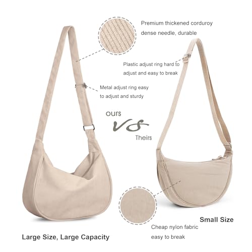 FITDON Corduroy Crescent Crossbody Bag for Women Men, Small Sling Hobos Crossbody Bag Dumpling Bag Crescent Purse with Adjustable Strap, Beige - Image 4