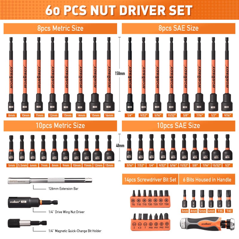 HORUSDY 59pcs Magnetic Nut Driver Set with 6-in-1 Ratcheting Screwdriver Handle, SAE & Metric 1/4 Inch Hex Shank Socket Set for Impact Drill with Quick-release Bit Holder and Extension Bar - Image 3