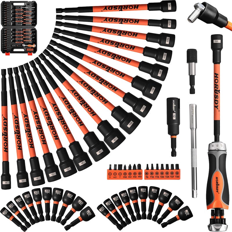 HORUSDY 59pcs Magnetic Nut Driver Set with 6-in-1 Ratcheting Screwdriver Handle, SAE & Metric 1/4 Inch Hex Shank Socket Set for Impact Drill with Quick-release Bit Holder and Extension Bar - Image 1