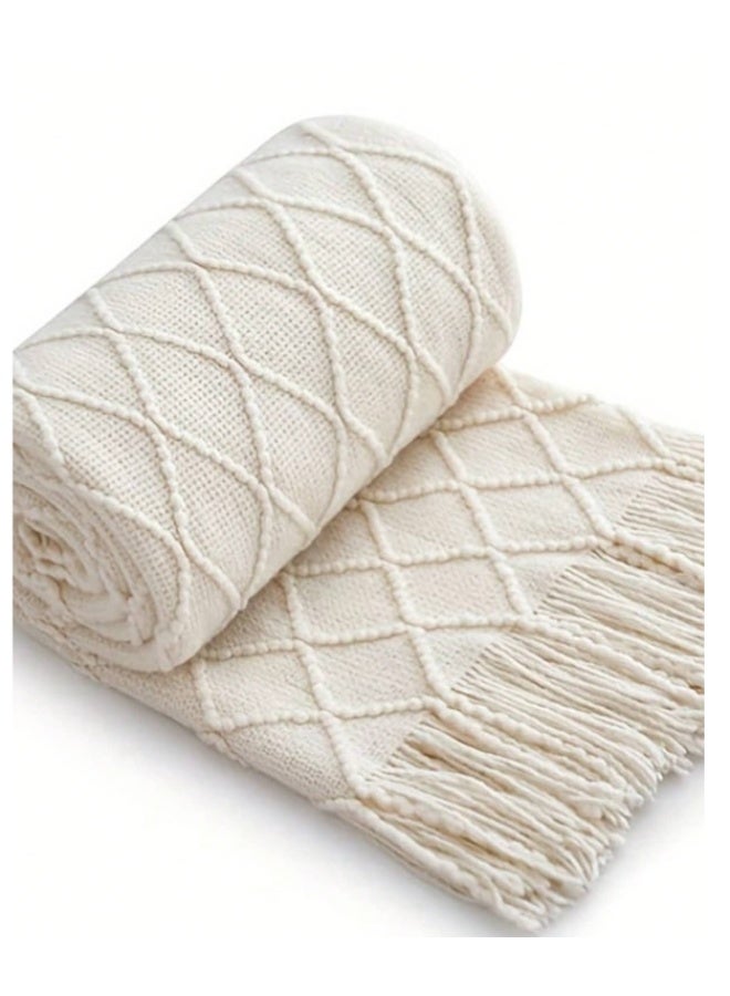 Cable Knit Throw Blanket – Soft Decorative Sofa & Bed Blanket with Tassels – Beige - Image 4