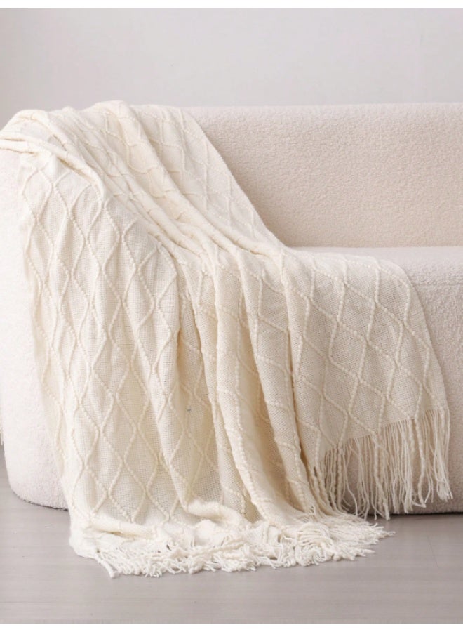 Cable Knit Throw Blanket – Soft Decorative Sofa & Bed Blanket with Tassels – Beige - Image 2