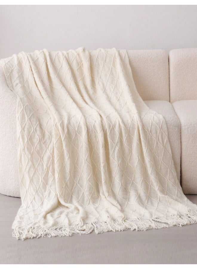 Cable Knit Throw Blanket – Soft Decorative Sofa & Bed Blanket with Tassels – Beige - Image 3