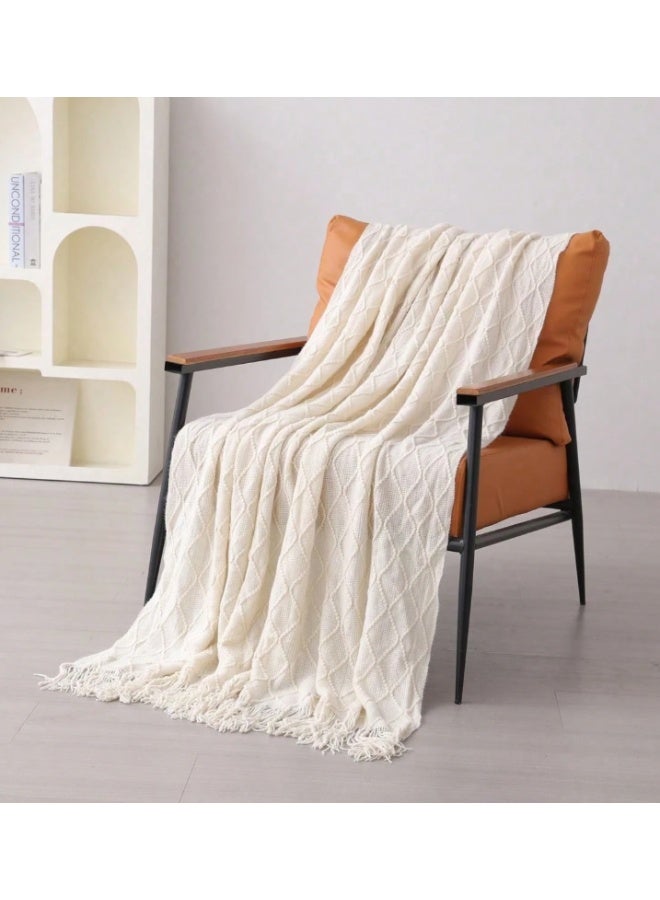 Cable Knit Throw Blanket – Soft Decorative Sofa & Bed Blanket with Tassels – Beige - Image 1