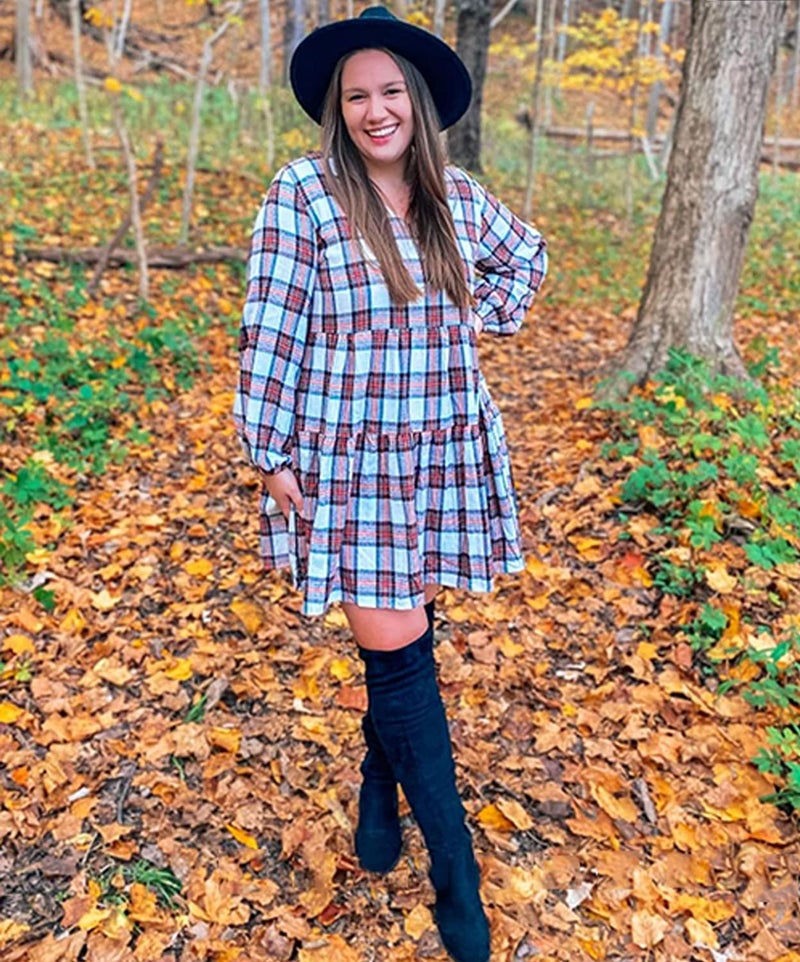 FANCYINN Womens Long Sleeve Buffalo Plaid Shift Tunic Dress Ruffle Hem Vneck Casual Swing Babydoll Mini Dress with Pockets Red & White L - Image 2