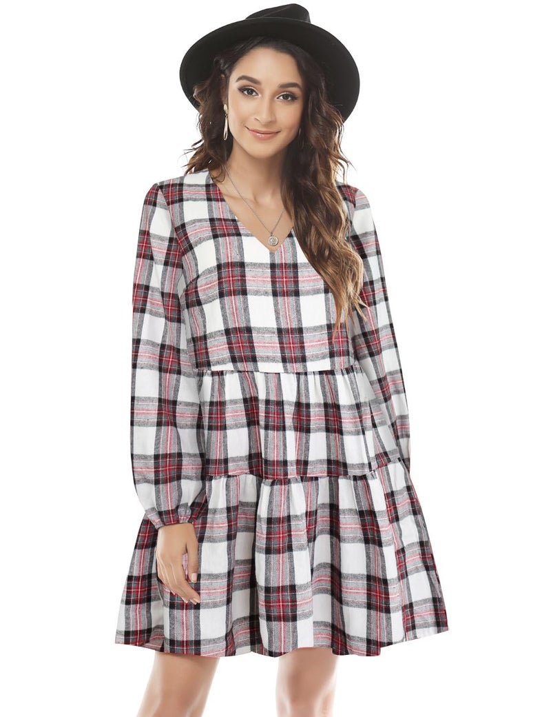 FANCYINN Womens Long Sleeve Buffalo Plaid Shift Tunic Dress Ruffle Hem Vneck Casual Swing Babydoll Mini Dress with Pockets Red & White L - Image 3