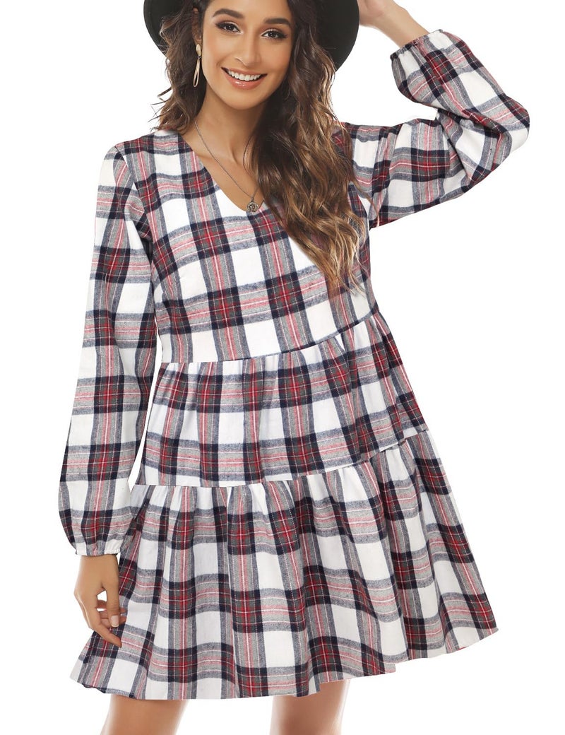 FANCYINN Womens Long Sleeve Buffalo Plaid Shift Tunic Dress Ruffle Hem Vneck Casual Swing Babydoll Mini Dress with Pockets Red & White L - Image 1