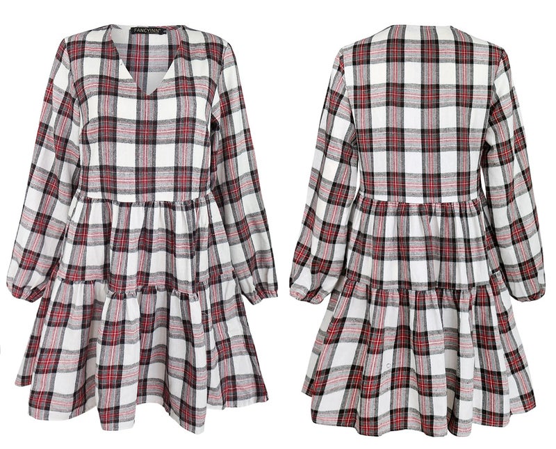 FANCYINN Womens Long Sleeve Buffalo Plaid Shift Tunic Dress Ruffle Hem Vneck Casual Swing Babydoll Mini Dress with Pockets Red & White L - Image 4