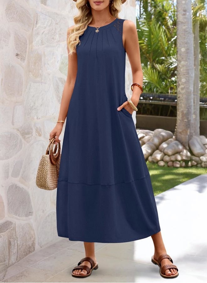 MEROKEETY Women's Summer Boho Maxi Dress 2026 Pleated Lace Hollow Out Beach Vacation Sundresses Sleeveless Tank Dress, Navy, M - Image 3