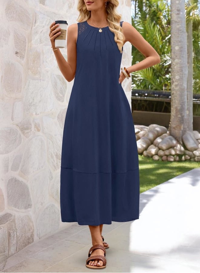 MEROKEETY Women's Summer Boho Maxi Dress 2026 Pleated Lace Hollow Out Beach Vacation Sundresses Sleeveless Tank Dress, Navy, M - Image 5