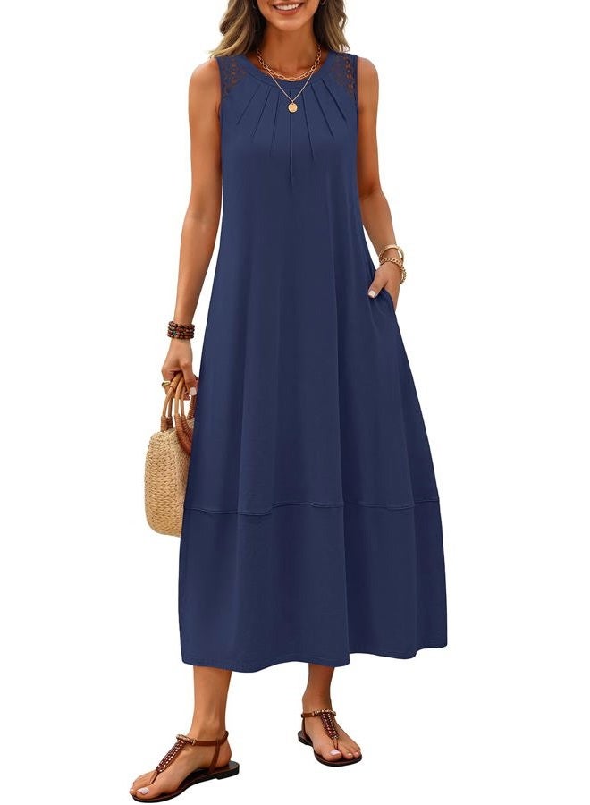 MEROKEETY Women's Summer Boho Maxi Dress 2026 Pleated Lace Hollow Out Beach Vacation Sundresses Sleeveless Tank Dress, Navy, M - Image 1