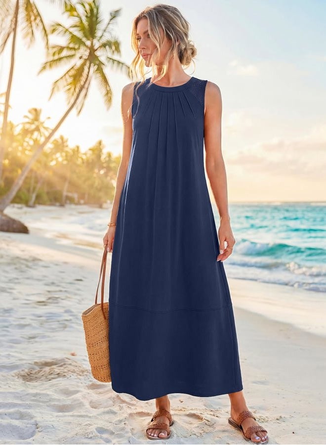 MEROKEETY Women's Summer Boho Maxi Dress 2026 Pleated Lace Hollow Out Beach Vacation Sundresses Sleeveless Tank Dress, Navy, M - Image 2
