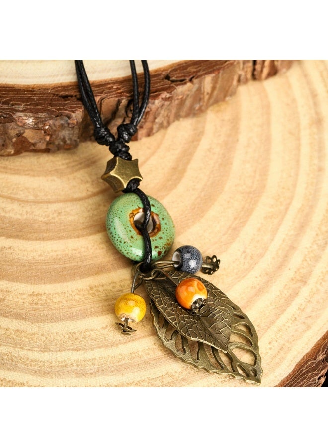 Goolsky Bohemian Ethnic Style Ceramic Pendant Necklace – Handmade Long Sweater Chain for Women, Retro/Vacation Wear - Image 4