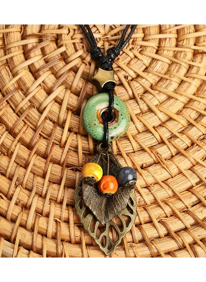 Goolsky Bohemian Ethnic Style Ceramic Pendant Necklace – Handmade Long Sweater Chain for Women, Retro/Vacation Wear - Image 2