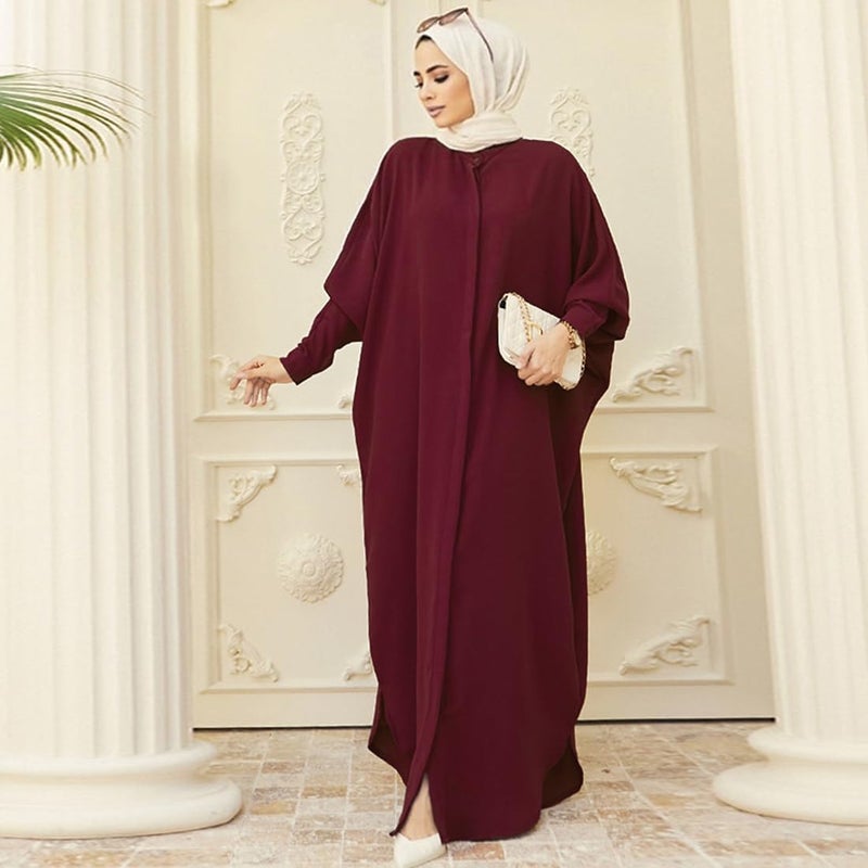 AWIBMK Claret Abaya for Women - Modest Full Cover Dubai Kaftan with Batwing Sleeves - Image 2