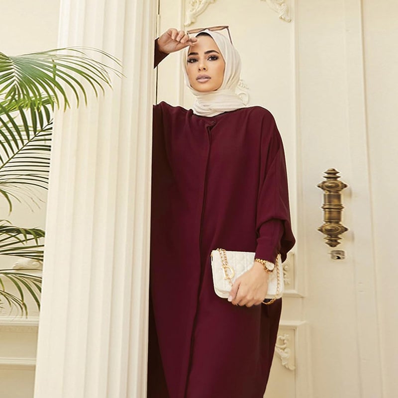 AWIBMK Claret Abaya for Women - Modest Full Cover Dubai Kaftan with Batwing Sleeves - Image 3