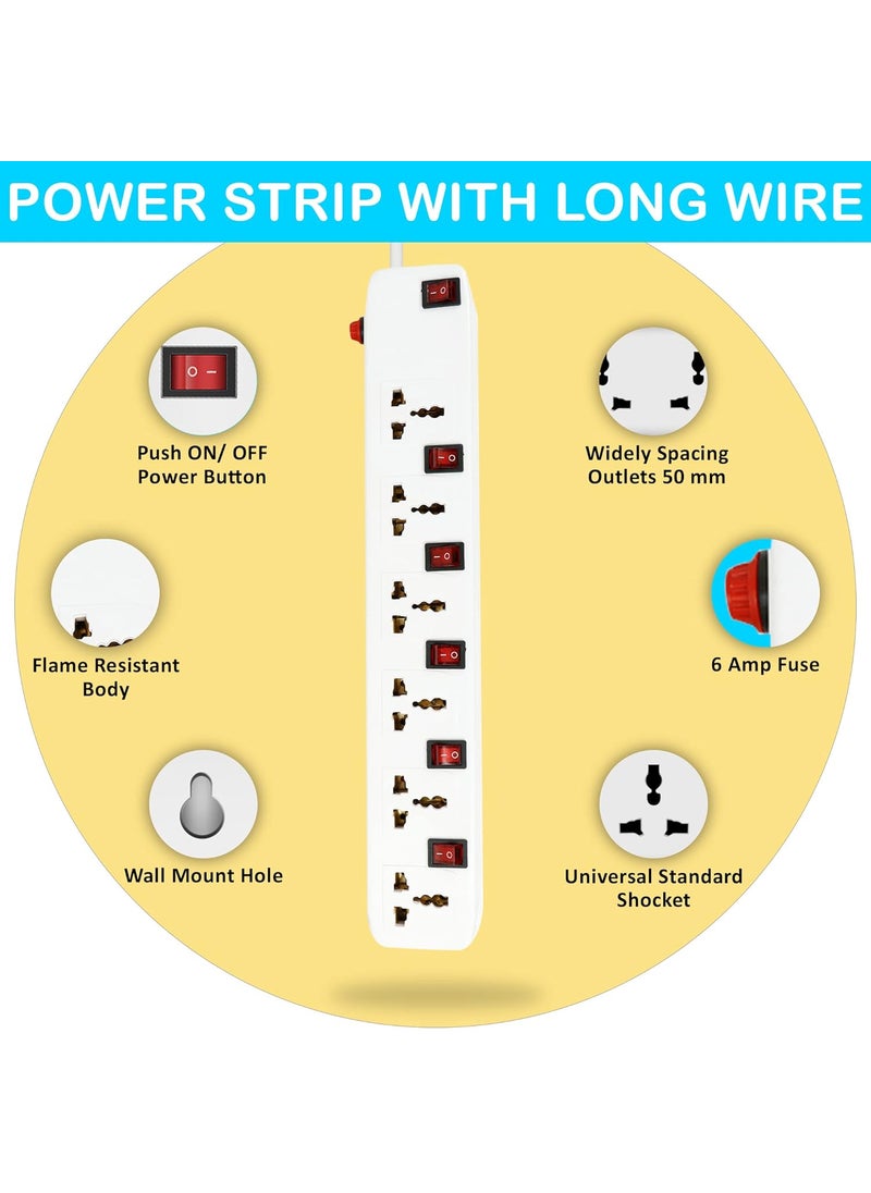 FEDUS FEDUS 5 Meter Long Extension Board Extension BoxSpike Guard 6 Socket 6 Switch Junction Box With SwitchExtension Cords CordSpike BusterExtension Board With Wire 6 Socket 6 Switch240 VoltsWhite  - Image 5