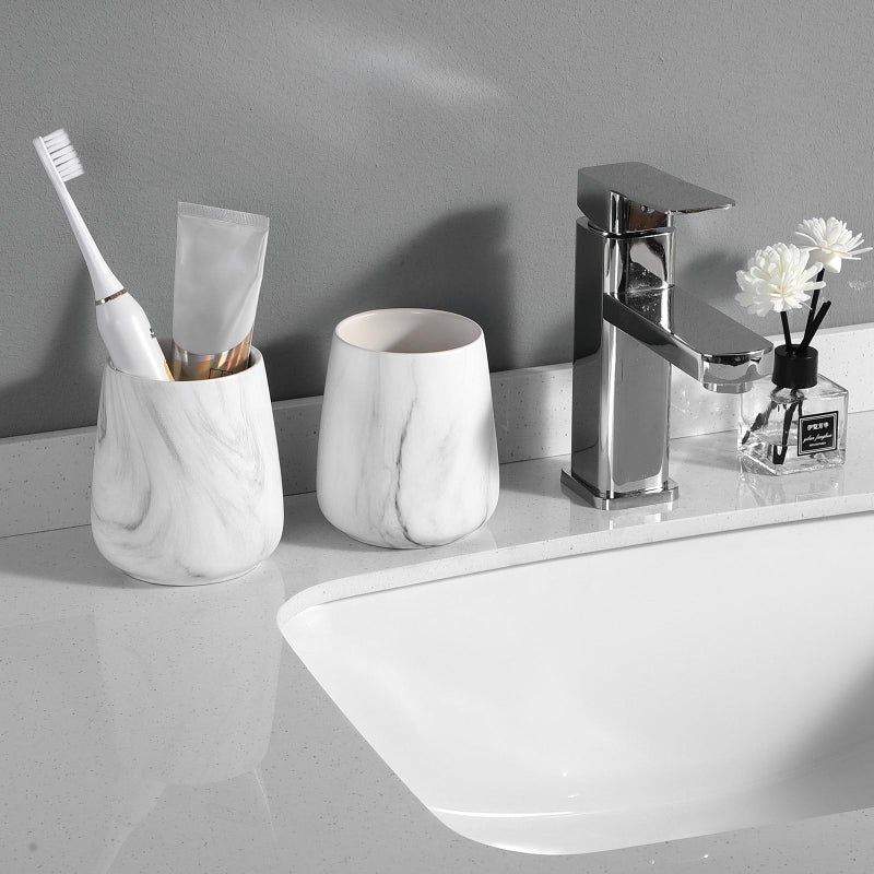 Eyrozia Marble White Toothbrush Holder for Bathroom - Ceramic Tooth Brushing Holders, Toothbrush Cup, Toothpaste Organizer for Bathroom Countertop, Makeup Brush Holder, Pen Holder for Home Desktop Storage - Image 5