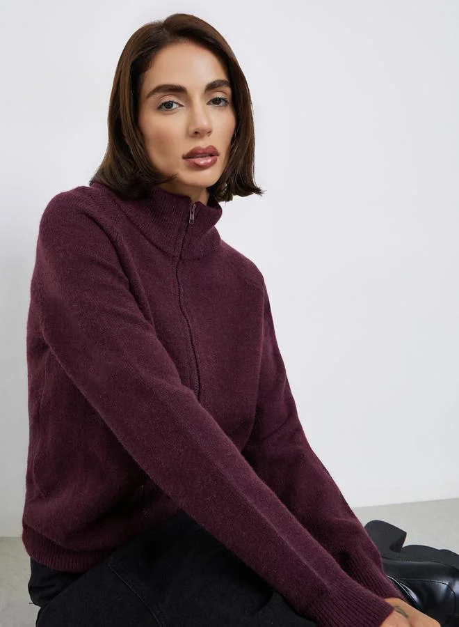 Styli Burgundy Regular Fit Zip-Up Sweater