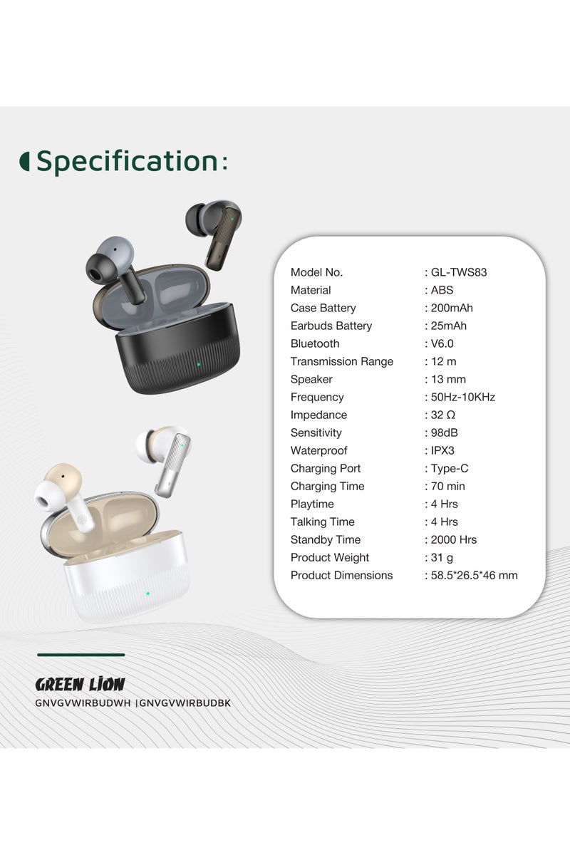 GREEN LION Vancouver True Wireless Earbuds with Dual Mic ENC / Truewireless Bluetooth Headphones V6.0 / Game Mode / 12 Hours with Case - White - Image 3