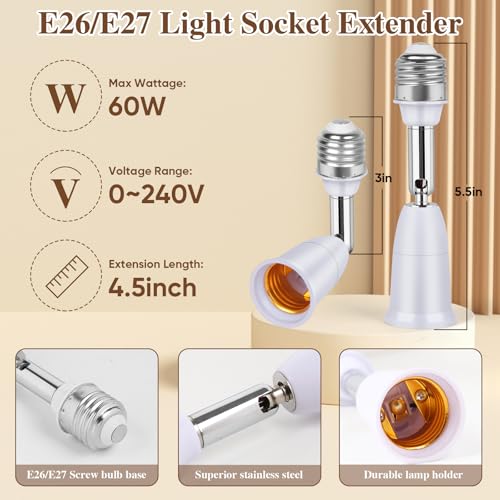 MIKWOAB 3 Pack Light Socket Extender, E26/E27 4.5 Inch Light Socket Extension, Vertical 180°Horizontal 350° Adjustable Medium Screw Base Light Bulb Extension Socket - Image 4