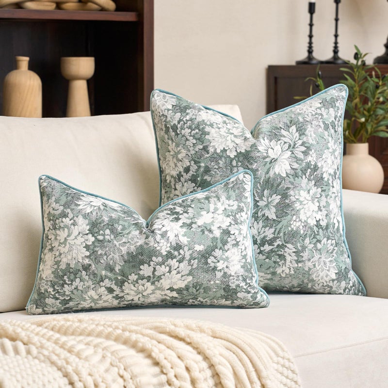 Alerfa Light Blue Neutral Floral Pillow Cover 12 x 20 Inch, Vintage Chenille Rectangle Couch Pillow Cover Soft Decorative Farmhouse Accent Pillowcase for Living Room Bedroom - Image 5